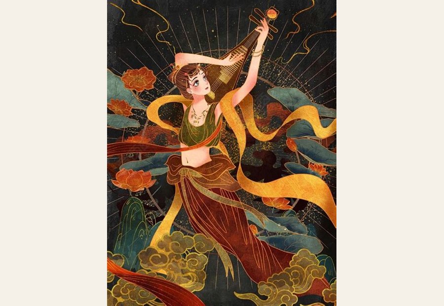 敦煌岩彩国潮烫金风复古肌理飞天仙女插画-花瓣网