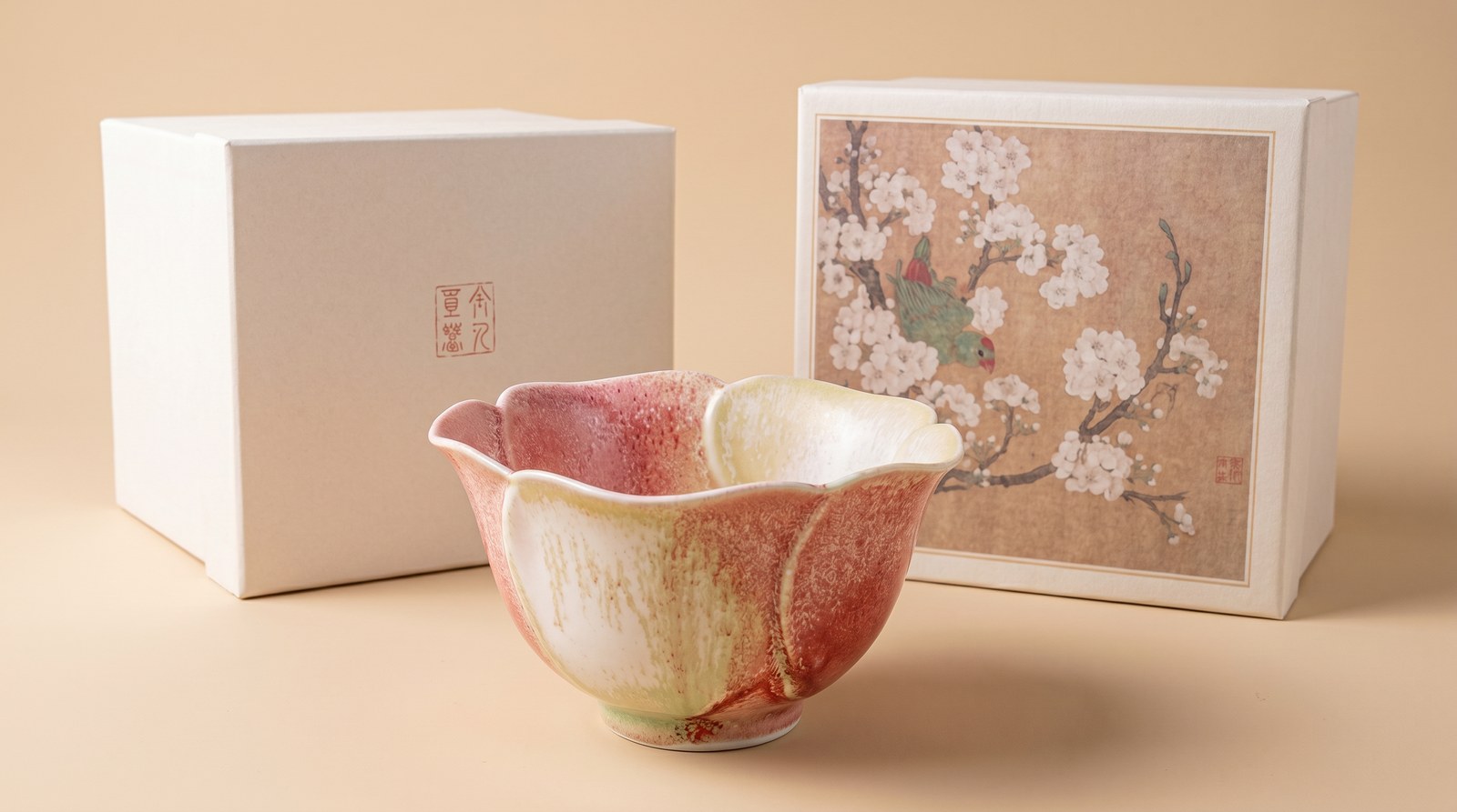 花瓣杯与盒侧花卉画面