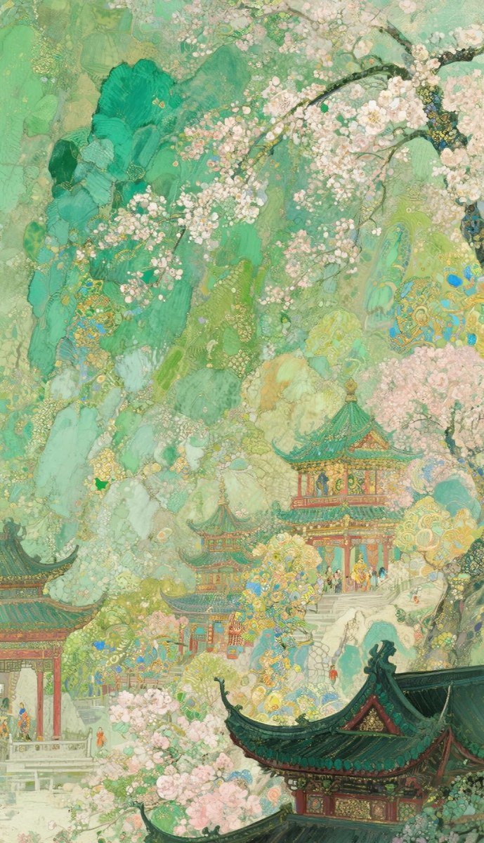 青绿园林繁花亭台梦境