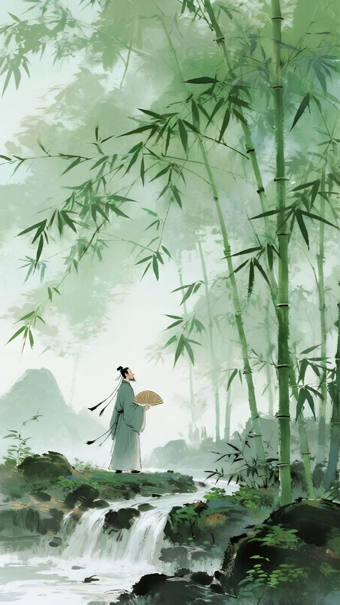 雾竹溪流文人游园场景