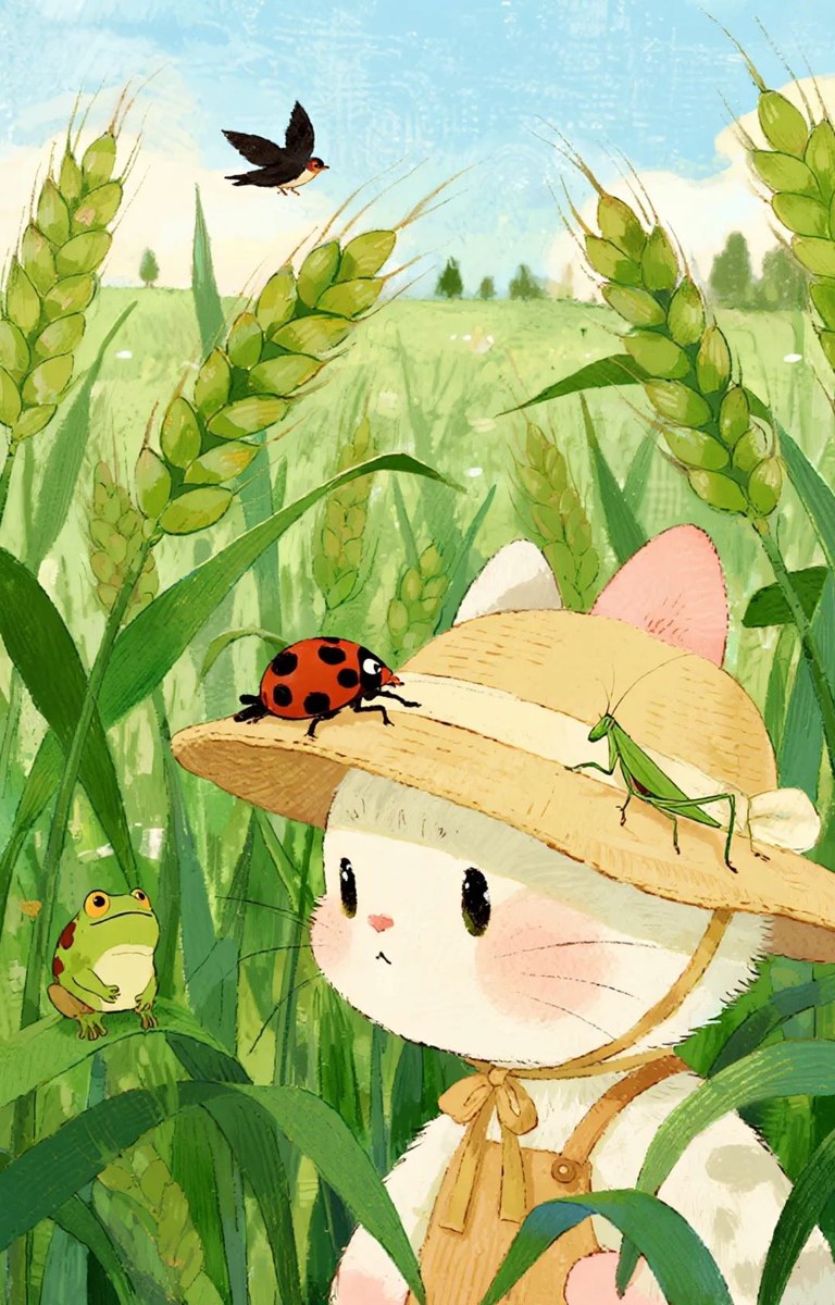 麦田小猫昆虫自然观察场景