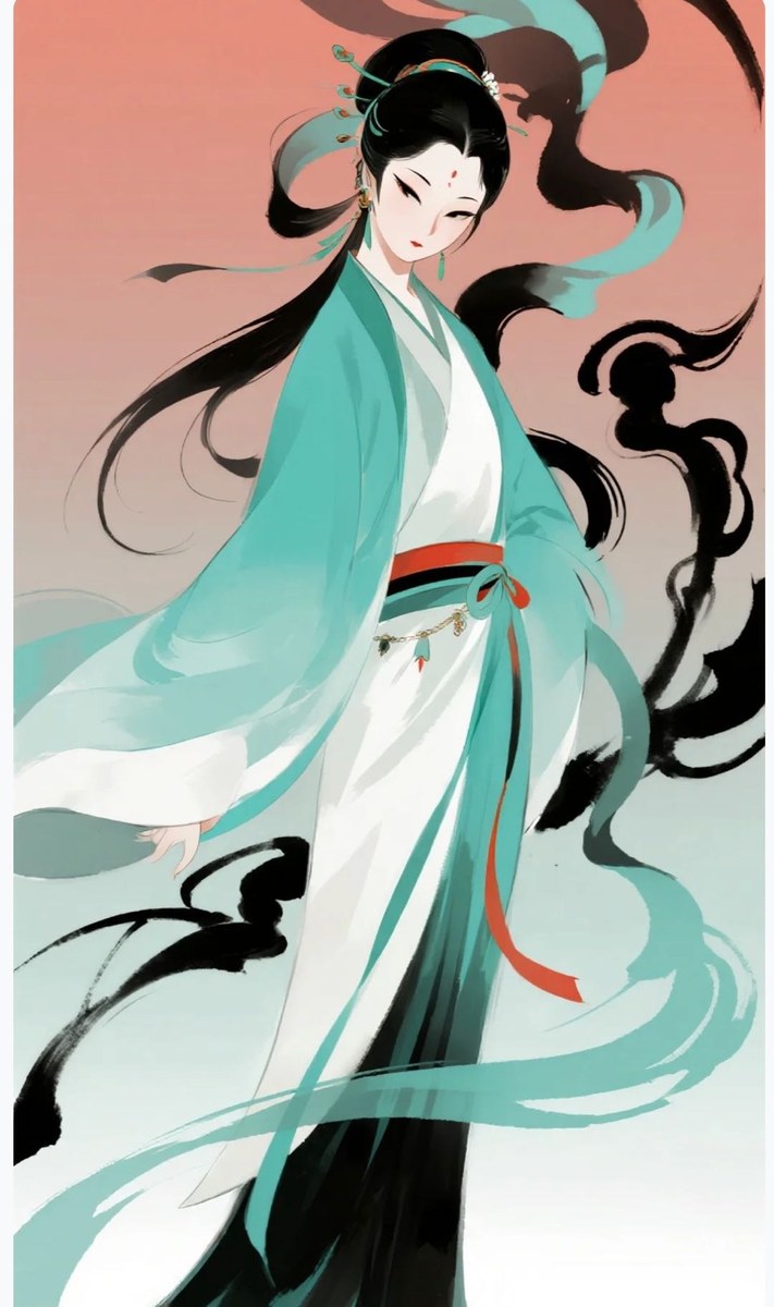 青绿汉服水墨飘带人物