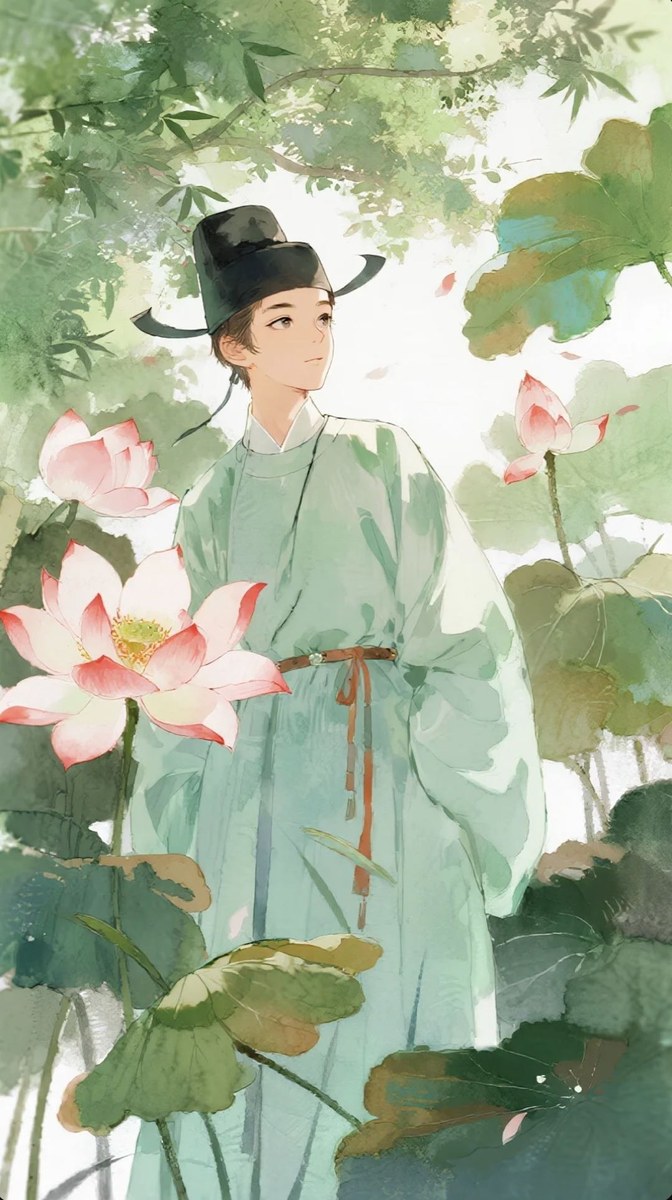 荷塘青衣文人水彩人物
